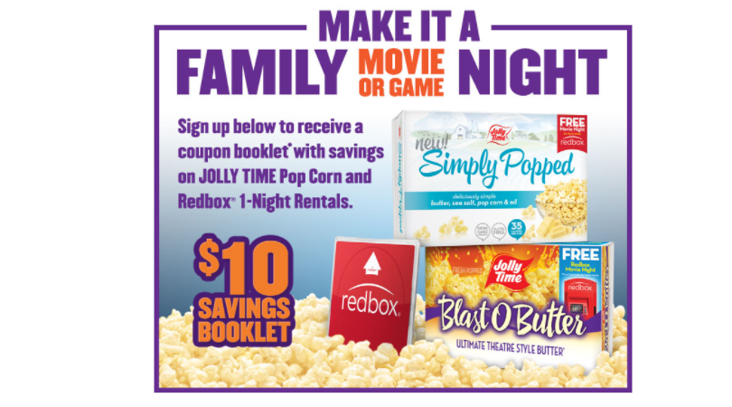 Request a FREE Jolly Time & Redbox Coupon Book - Includes FREE Rental!